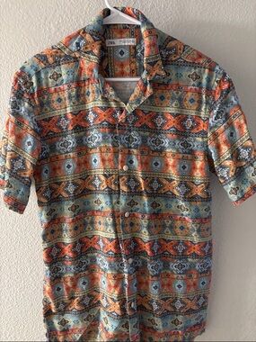 Zara Orange & Teal Aztec-Pattern Short-Sleeve Button Shirt